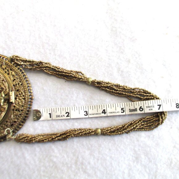 Antique Gold Beaded Purse Bag Brass Frame Silk Lining - Picture 9 of 10